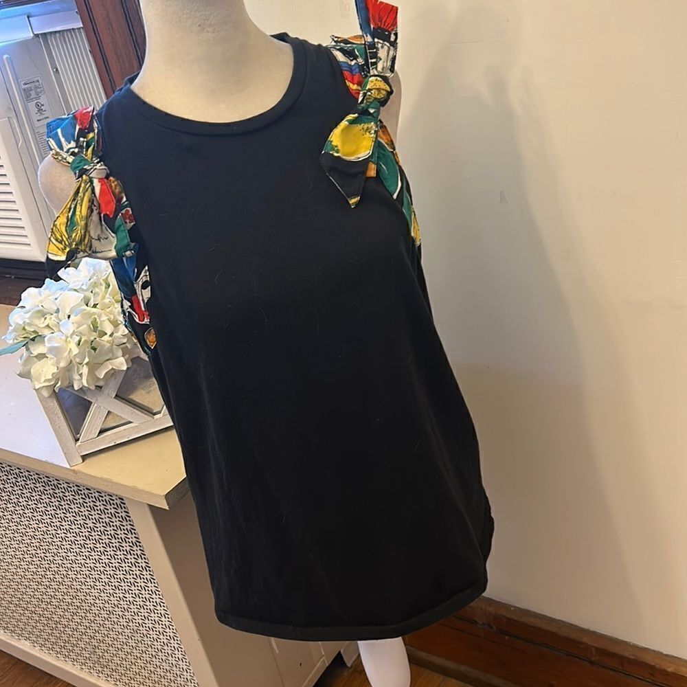 J Crew black sleeveless multicolored bow tie cotton blouse Size M EUC